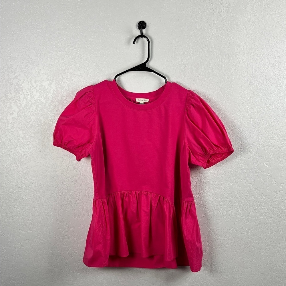 Cotton Bleu Pink Short Puff Sleeve Peplum Top Sz S Casual Cotton Blend TC0620